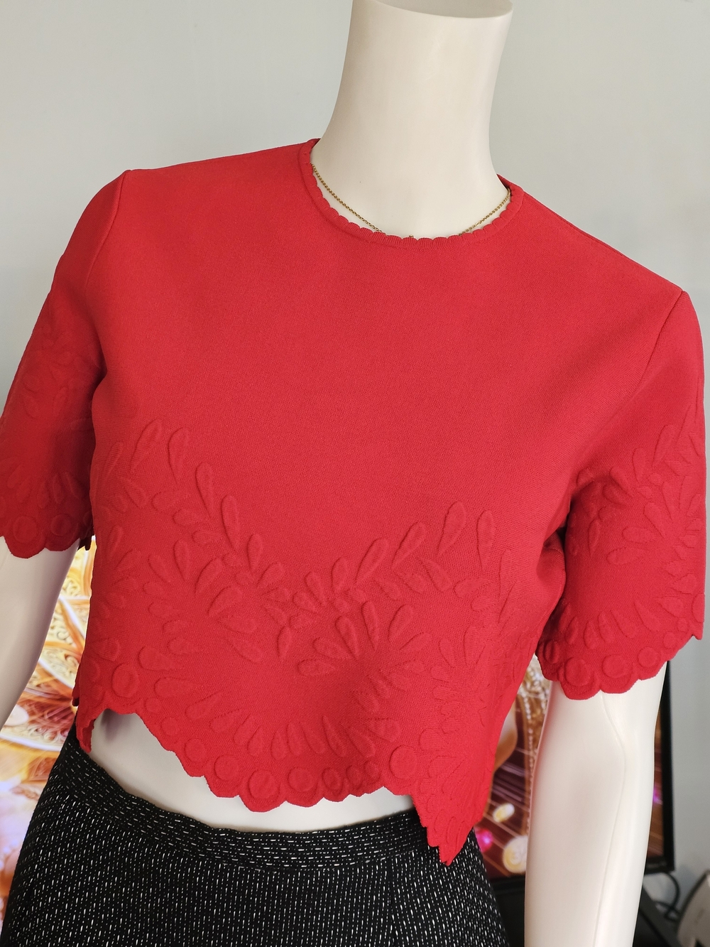 ❗️ ALEXANDER MCQUEEN Red Embroidered Scallop-Hem Knit Women's Top ❗️🔴